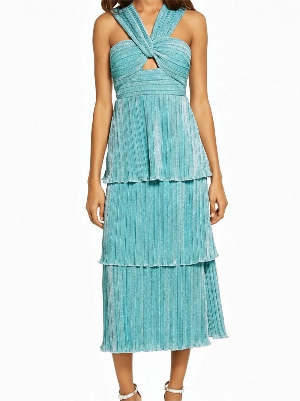 Saylor Hyelee Metallic Halter Neck Tiered Midi Dress – Size S